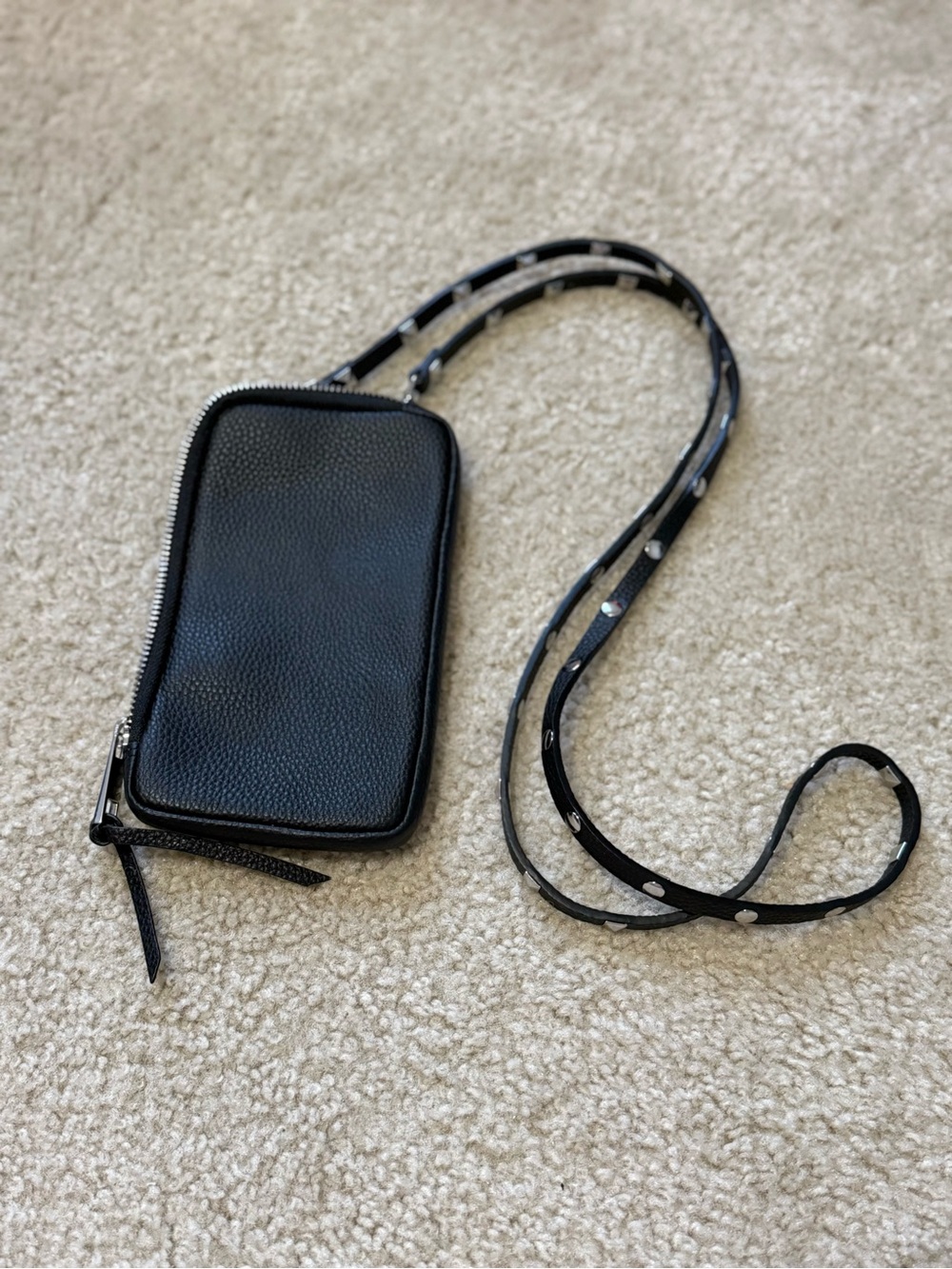 Bandolier Black Pebbled Leather Crossbody Wallet with Studded Strap - Picture 2 of 6